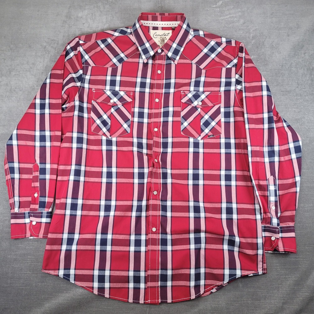 Coastal Mens XXL Red Plaid Western Pearl Snap Long Sleeve Shirt Cotton‎ Blend